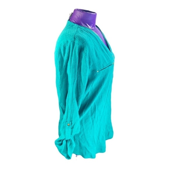 Signature Studio teal gauzy zip neckline roll sleeve summer tunic top M - Picture 3 of 10